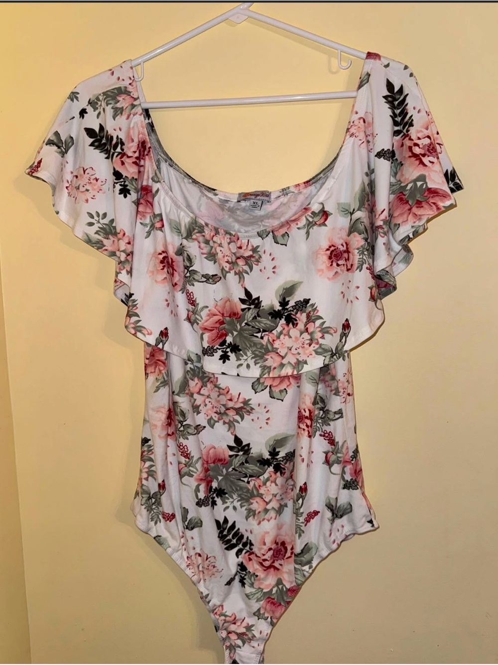 Off-Shoulder Floral Ruffle Bodysuit - White with Pink Floral